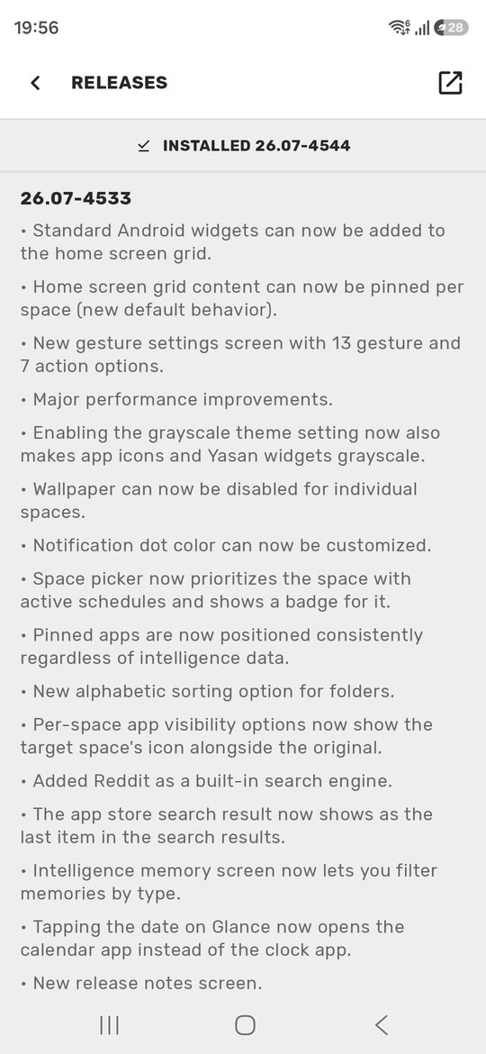 Yasan Launcher's new Release Notes screen.