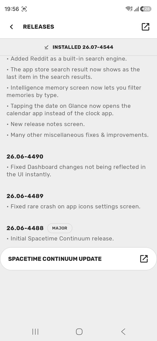Browsing an earlier release in the Release Notes screen.