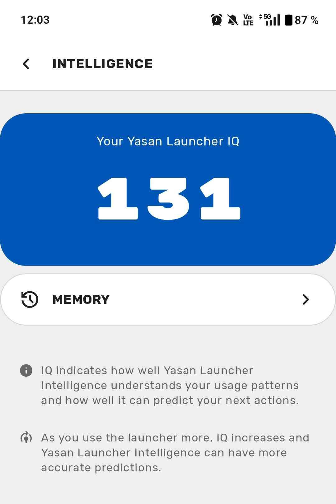 Yasan Launcher Intelligence settings showing an IQ value and a Memory entry point.