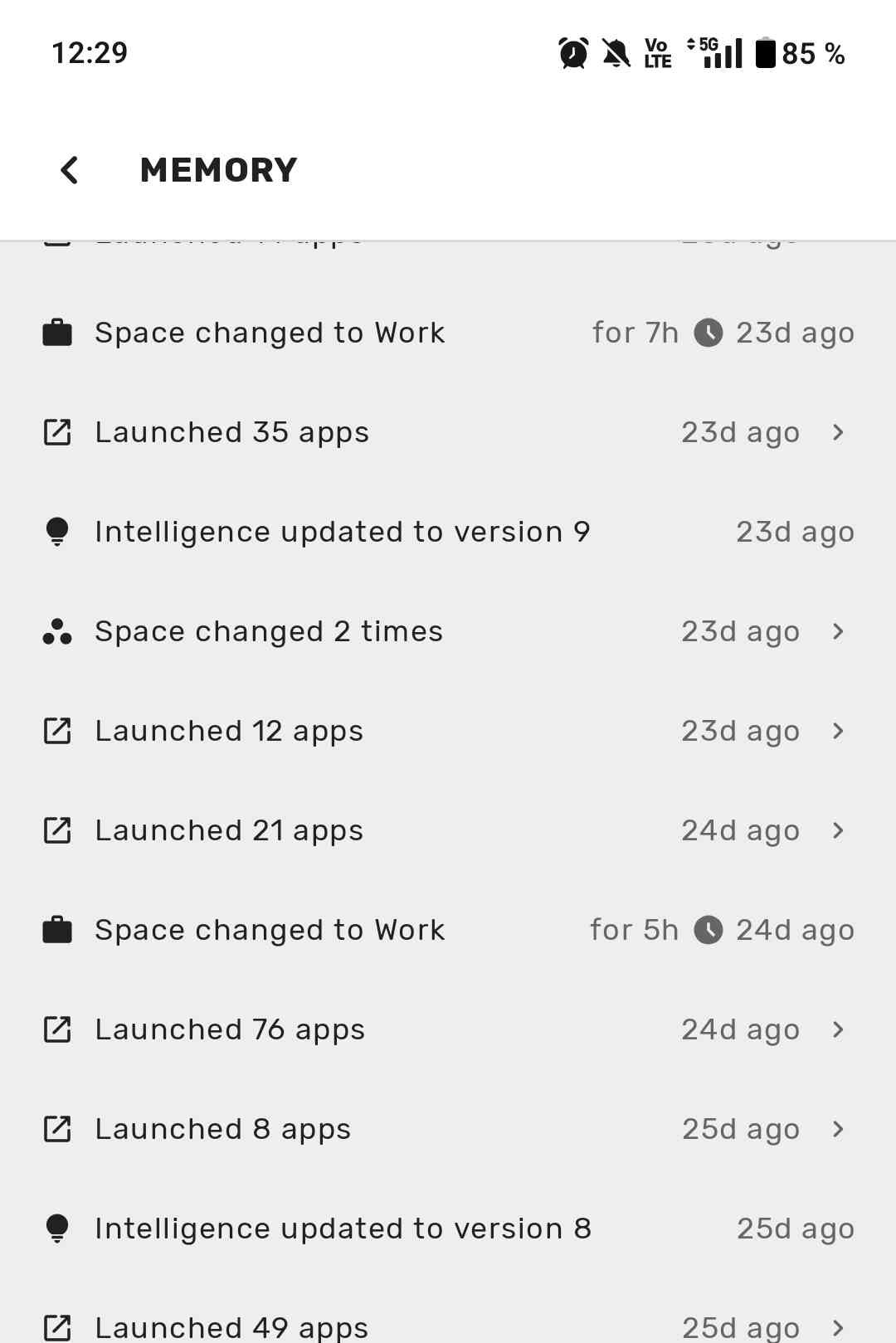 Yasan Launcher Memory screen showing recent app launches and space changes.