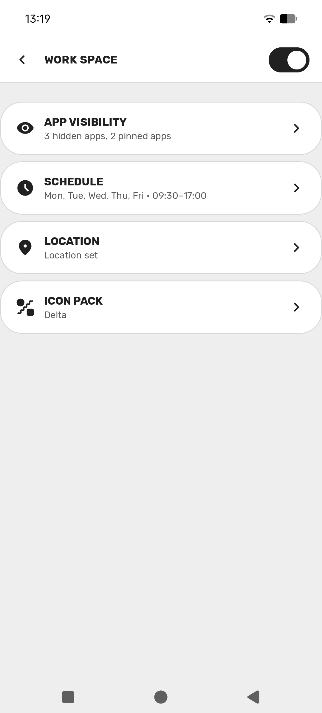 Yasan Launcher space settings showing schedule and location options.